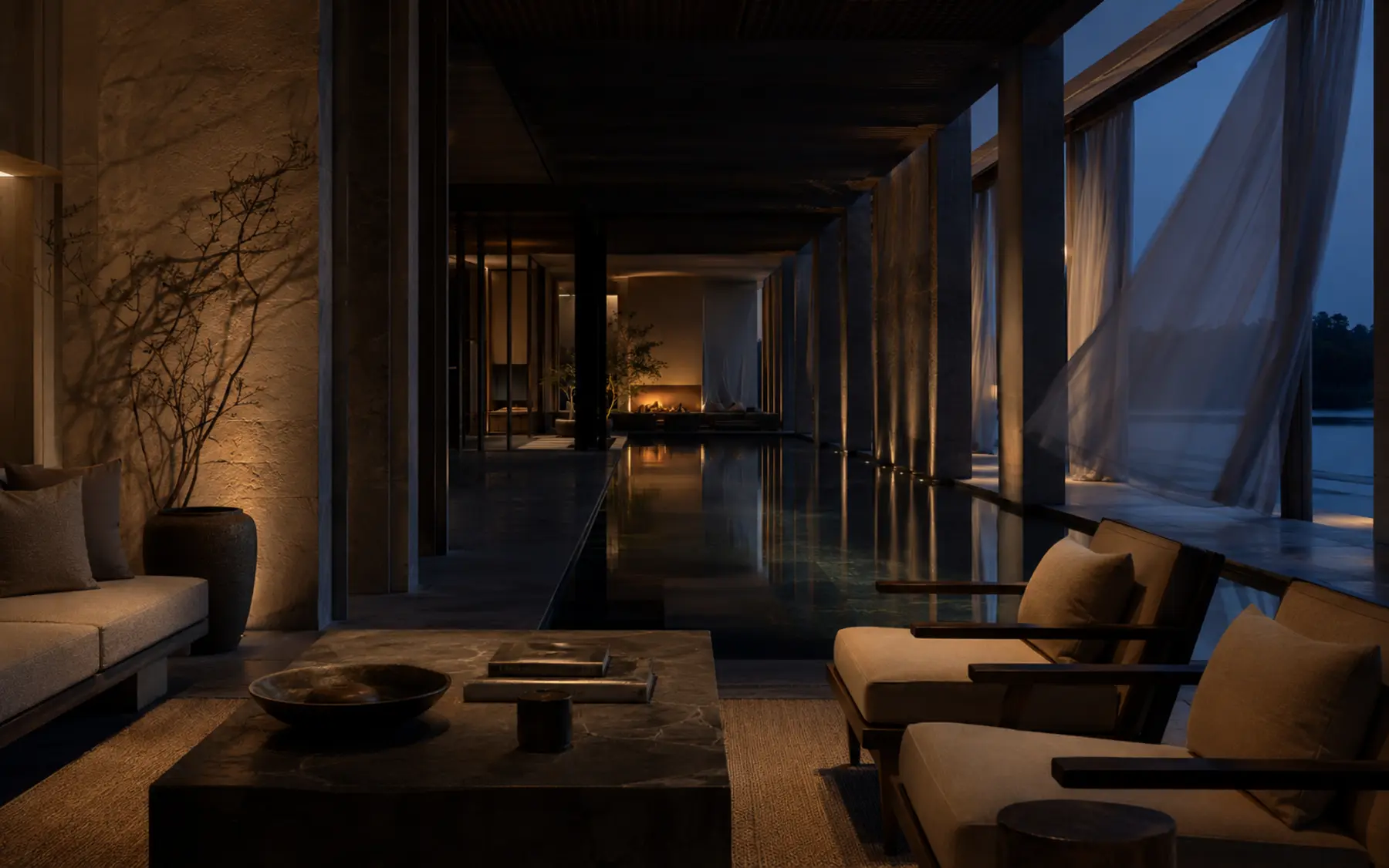An atmospheric hospitality interior at blue hour